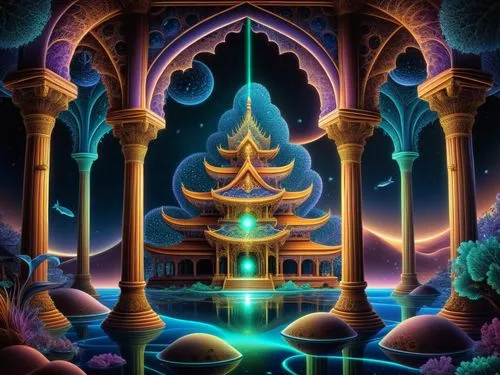 amazing fractal,an illuminated temple sits in a fantasy world,portal,diwali background,3d fantasy,sanctum,shambhala,ramadan background,qabalah,mihrab,fantasy picture,background image,fantasy art,diwal