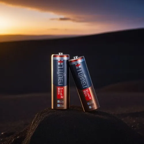 a fujitsu battery under the dark earth with dark sky background,two aa batteries sitting in the sand during sunset,batteries,the batteries,energy drinks,energiya,energen,medium battery,Photography,Gen