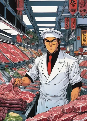 Imagine a futuristic downtown setting where an arrogant butcher rules over a black market for rare and exotic meats.,meat counter,meat analogue,butcher shop,meat products,meat kane,butchery,meats,raw 