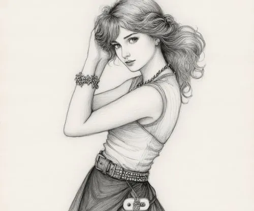 女生，黑白，素描，手链，项链，腰带,a drawing of a woman with her hands behind her head,pin-up girl,retro pin up girl,pin up girl,aerith,pin ups,valentine pin up,Illustration,Black and White,Black and White 13