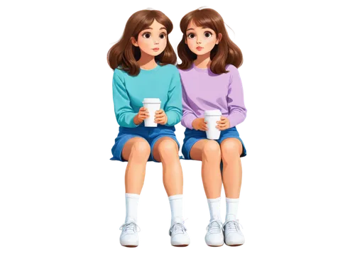 cute doodle characters, holding coffee cups, cartoon style, colorful, sweet expressions, big round eyes, tiny noses, messy brown hair, casual clothes, white socks, sneakers, sitting on floor, legs cro