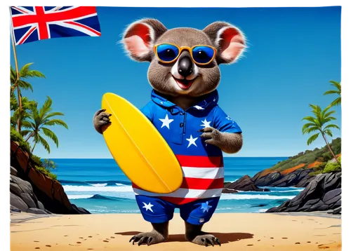 Cartoon Aussie animal, Koala, Kangaroo, Platypus, Wombat, smiling face, big eyes, colorful fur, Australian flag patterned clothing, holding surfboard, sunglasses, beach scene inspired background, warm