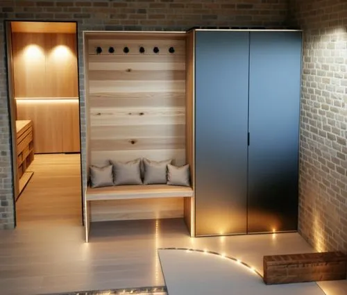 entrance furniture, wooden interior, stone wall, warm lighting, minimalist design, relaxation space, quiet atmosphere, bench, wardrobe, wellness concept,a bed room with a wardrobe and chair,saunas,mod