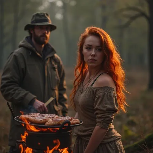 A curvy redheaded girl being roasted over an open fire


A male hunter is in the background wearing comoflage ,a red haired woman holding an open fire and standing next to a man,madding,fireheart,iris