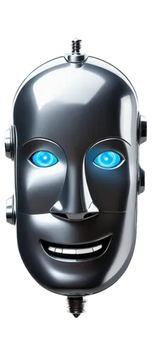 Robot head, cartoon style, shiny metal surface, blue LED eyes, curved antenna, smiling face, rounded edges, chrome finish, metallic texture, bright lighting, 3/4 composition, dynamic pose, vibrant col