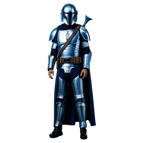 Mandalorian, armored warrior, helmet with T-visored faceplate, silver and blue armor, intricate designs on chest plate, gauntlets, blaster rifle, utility belt, cape flowing behind, standing heroically