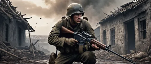 WWII soldier, single player, intense expression, holding rifle, muddy uniform, combat boots, helmet, crouched position, solo, war-torn battlefield, destroyed buildings, smoke in the air, overcast sky,