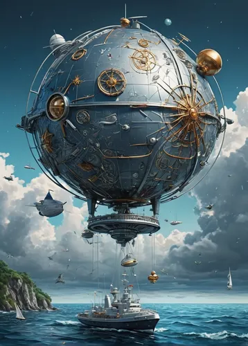 waterglobe,airships,sea fantasy,orrery,airship,caravel,globe,galleon ship,galleon,air ship,floating islands,blue planet,globes,heliosphere,atlantis,the globe,sci fiction illustration,floating island,carrack,ship travel,Illustration,Realistic Fantasy,Realistic Fantasy 19