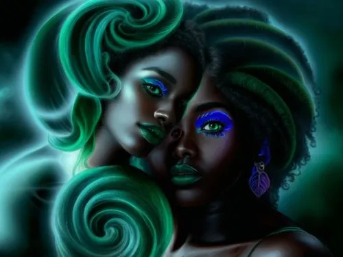 afrofuturism,gemini,black couple,priestesses,malachite,mirror of souls,vodun,leota,sirens,telepaths,neon body painting,orishas,sorceresses,digital artwork,afro american girls,digital art,precognition,telepath,sankofa,black light,Illustration,Realistic Fantasy,Realistic Fantasy 25