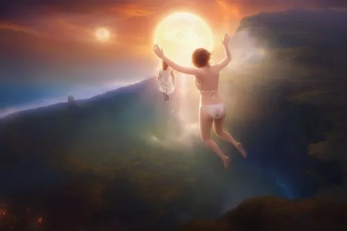 baptism of christ,fantasy picture,heavenly ladder,divine healing energy,the pillar of light,ascension,light bearer,awakening,astral traveler,celestial body,inner light,spiritual environment,resurrection,world digital painting,angelology,the night of kupala,guiding light,fairies aloft,heaven gate,mysticism,Illustration,Realistic Fantasy,Realistic Fantasy 01