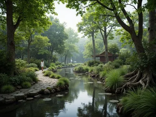 Majestic wetland ecosystem, lush green vegetation, serene water reflections, twisted tree branches, intricate root systems, natural stone pathways, wooden boardwalks, educational signs, observation de