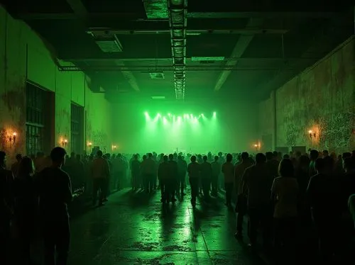 Industrial brutalist music venue, dimly lit, lime green accent walls, rough concrete floors, exposed ductwork ceiling, metal beams, minimalist decor, spotlights casting dramatic shadows, crowded audie