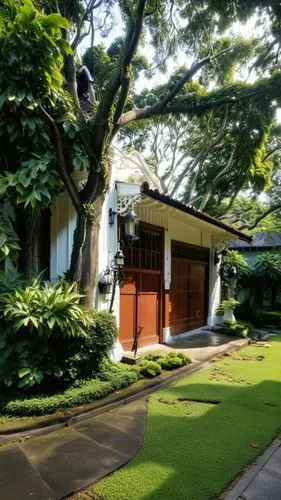 Taiwan bungalow with White facade under a big tree beside a country road ,mid century house,green lawn,bungalow,garden elevation,old colonial house,golf lawn,traditional house,driveway,private house,h