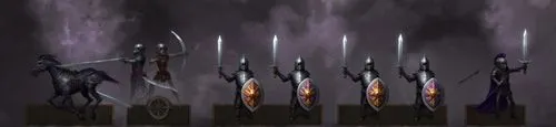 Miniature of fantasy darkness warrior soldier and Dark knight ,some armor with swords standing next to each other,polearms,halberds,scepters,swords,wands,torches,impales,hall of the fallen,soulsword,s