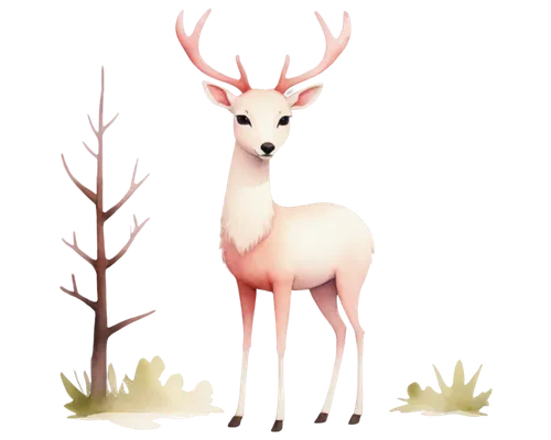 Deer, cute cartoon style, standing, white fur, brown eyes, pink nose, gentle expression, antlers, forest setting inspiration, watercolor texture, soft lighting, 3/4 composition, warm color tone.,the d