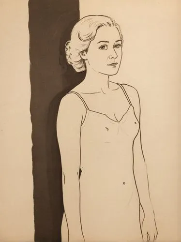 simple drawing of a woman with blonde hair in a dress near a window,black and white drawing of a woman in underwear,kitaj,vallotton,pettibon,vintage drawing,matisse,art deco woman,Photography,Black an