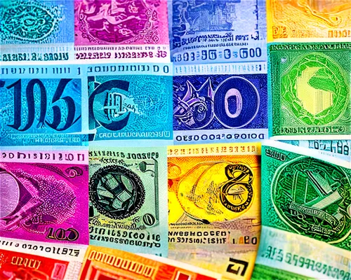 Crisp banknotes, various denominations, colorful designs, intricate patterns, security threads, watermarks, embossed printing, glossy finish, scattered layout, overhead lighting, shallow depth of fiel