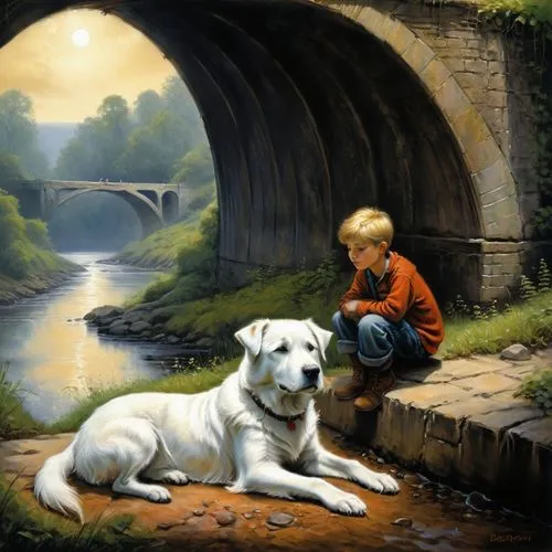 boy and dog,girl with dog,companion dog,oil painting,oil painting on canvas,children's background,Illustration,Realistic Fantasy,Realistic Fantasy 32