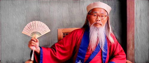 Vietnamese traditional scholar, old man, white beard, long hair, glasses, Confucian hat, brown robe, holding a fan, sitting on a wooden chair, serene facial expression, gentle eyes, soft natural light