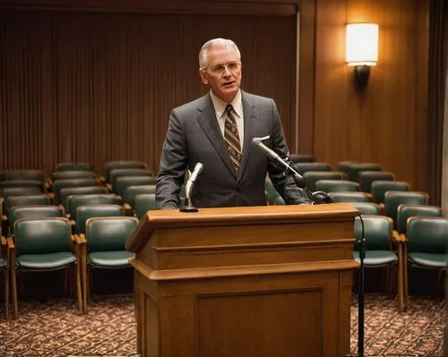 Historic accessibility law, 1968 Architectural Barriers Act, old American legislation, wooden podium, retro microphone, suited mature man, standing, speaking, formal event, indoor conference room, row