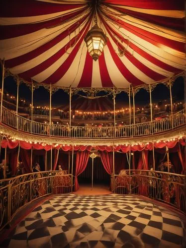 Big top circus tent, colorful striped fabric, golden ropes, majestic entrance, grand staircases, intricate ironwork, vintage lanterns, ornate balconies, red curtains, luxurious VIP boxes, spotlights s