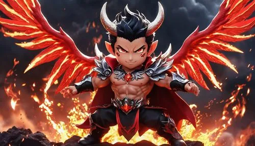 Male, demon king Lucifer, muscular build, sharp facial features, piercing red eyes, jet black hair, pointed ears, majestic wings, red and black attire, intricate accessories, hellish background, dark 