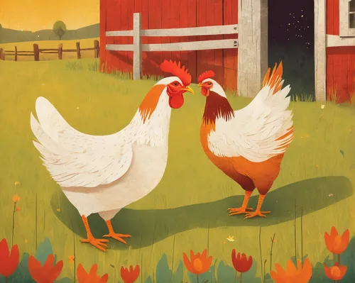 Write a heartwarming story about a contented laying hen on a peaceful farm.,red hen,chickens,backyard chickens,laying hens,chicken yard,free-range eggs,vintage rooster,square dance,flower and bird ill