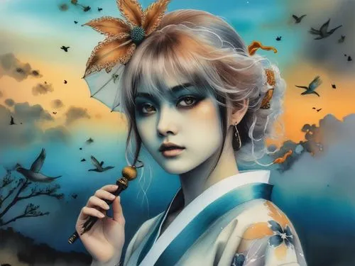 a painting of a young asian woman smoking,oiran,geisha girl,geiko,geisha,hanfu,japanese art,Illustration,Japanese style,Japanese Style 09