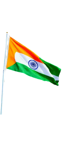 Horizontal tricolor flag, India national flag, saffron, white, green stripes, Ashoka Chakra wheel, blue chakra, golden border, waving, fluttering, windy, sunny, bright lighting, high contrast, vibrant