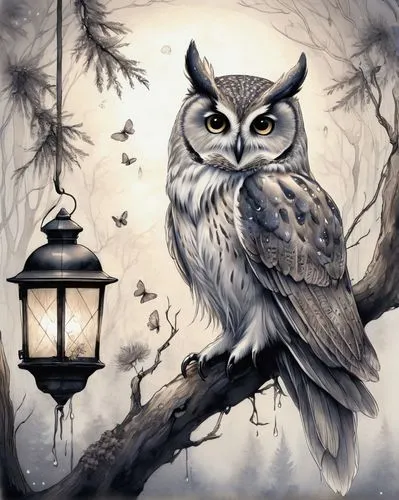 whispering fae owl, gentle creature, nocturnal, moonlight, delicate wings, feathery texture, big round eyes, shimmering irises, pale skin, slender fingers, misty forest, ancient trees, twisted branche