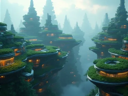 futuristic landscape,floating islands,ecotopia,terraformed,ancient city,treehouses,mushroom landscape,skylands,spires,mushroom island,roof landscape,fantasy city,arcology,topia,floating island,tigers nest,citadels,pagodas,kinkade,fantasy landscape,Photography,General,Realistic