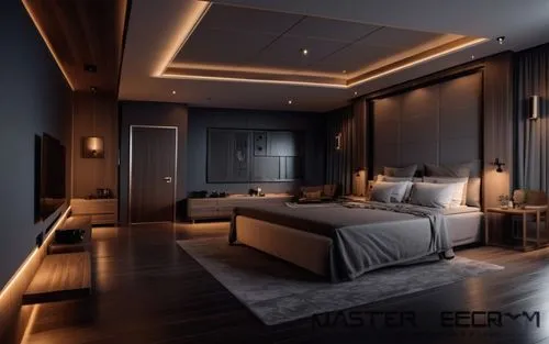 MASTER BEDROOM BLACK THEME , WOOD FURNITURE ,WOODEN FLOR  , INDIRECT LED LIGHT,3d rendering,modern room,empty room,3d render,3d rendered,render,great room,guest room,bedroom,sleeping room,bedrooms,ren