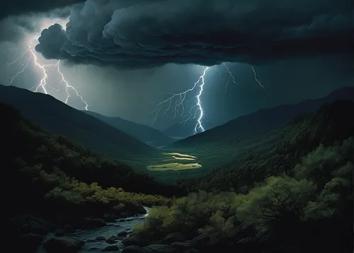 Compose a poem capturing the wild beauty of a thunderstorm in a remote mountainous region.,thunderstorm,nature's wrath,lightning storm,fantasy landscape,world digital painting,fantasy picture,thunderc