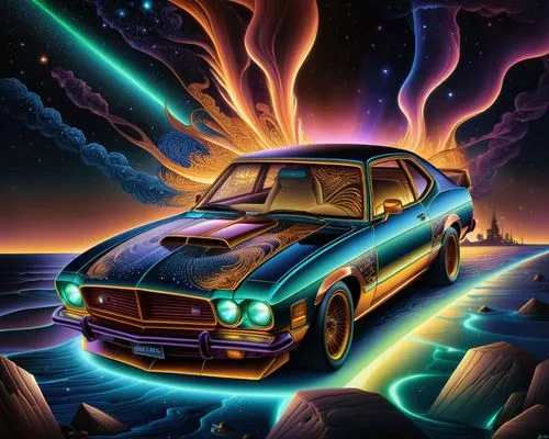 this illustration depicts a blue and yellow muscle car driving along a glowing road,3d car wallpaper,datsun,muscle car cartoon,galaxie,car wallpapers,notchback,Illustration,Realistic Fantasy,Realistic