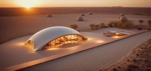 dunes house,islamic architectural,futuristic architecture,roof domes,admer dune,futuristic art museum,king abdullah i mosque,solar cell base,house of allah,cooling house,qasr azraq,stone desert,eco hotel,archidaily,3d rendering,sky space concept,jewelry（architecture）,yurts,the desert,eco-construction,Photography,General,Cinematic