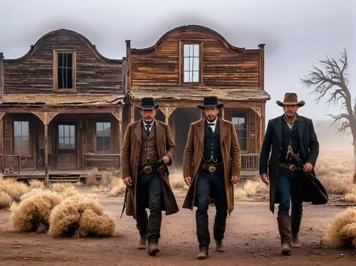 three gunmen cowboys are walking down the street,three men walking down a dirt road past two old style wooden building,westerns,gunfighters,highwaymen,gunslingers,western film,deadman ranch,Photograph