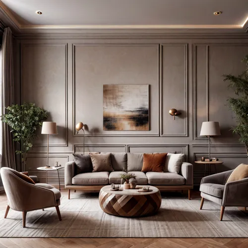 Living room with a velvet beige sofa and 4 brown, gray and beige cushions on both sides mouse gray armchairs with wooden legs on a beige gray chamois carpet on a wooden parquet floor. Between the couc