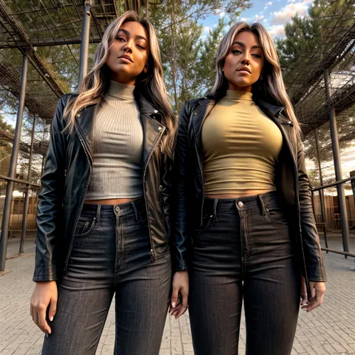 in a park,social,mirroring,mirror image,mirrored,mirrors,album cover,lionesses,mirror reflection,genes,see-through clothing,double,brown sugar,twin,reflective,leather jacket,clones,reflection,model-a,