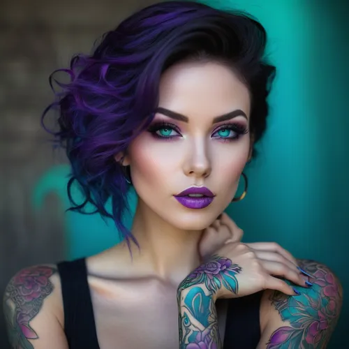 tattoo girl,purple skin,lilac,purple lilac,violet colour,dark purple,violet,purple,purple blue,ultraviolet,vibrant color,veil purple,violet eyes,violet head elf,light purple,pale purple,purple and pink,romantic look,rich purple,color turquoise,Conceptual Art,Fantasy,Fantasy 15