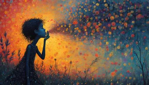 young girl blowing bubbles,a painting shows the silhouette of a woman blowing bubbles,girl walking away,dreamer,dubbeldam,mystical portrait of a girl,girl with tree,dream art