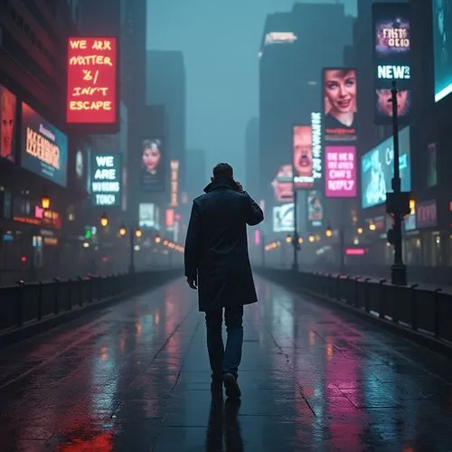 cyberpunk,bladerunner,pedestrian,walking in the rain,man with umbrella,noir