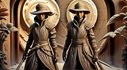 monks,guards of the canyon,clergy,wooden figures,staves,swordsmen,justitia,pilgrims,wood angels,lady justice,wood carving,elves,orange robes,storm troops,assassins,nuns,imperial coat,jedi,bronze figures,archimandrite