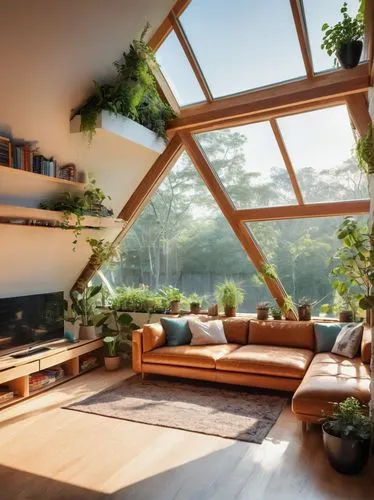 sunroom,conservatories,loft,conservatory,frame house,living room,roof landscape,skylights,cubic house,livingroom,beautiful home,roof garden,velux,indoor,attic,great room,scandinavian style,roof terrace,grass roof,wooden beams,Conceptual Art,Daily,Daily 24