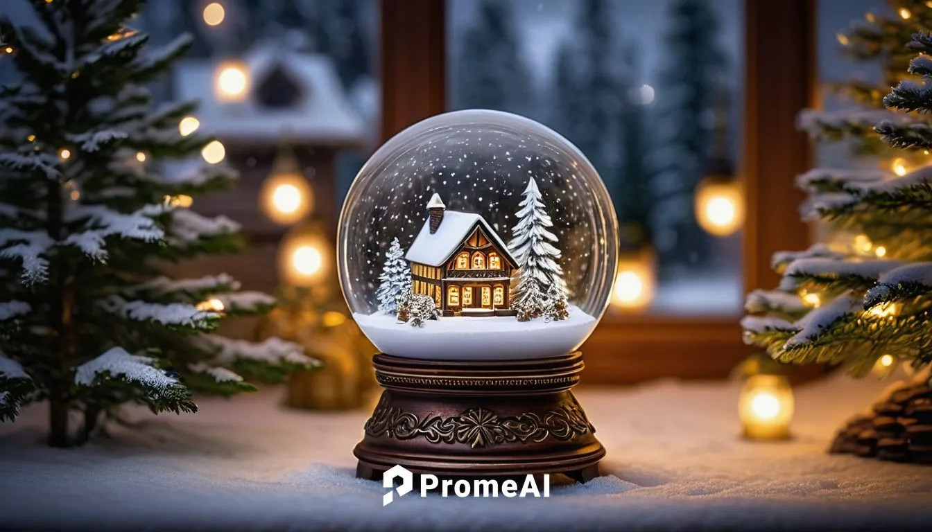 Snow globe aesthetic, miniature winter wonderland, transparent glass sphere, delicate snowflakes gently falling, soft white LED lighting, frosted misty effect, intricately designed Victorian-style woo