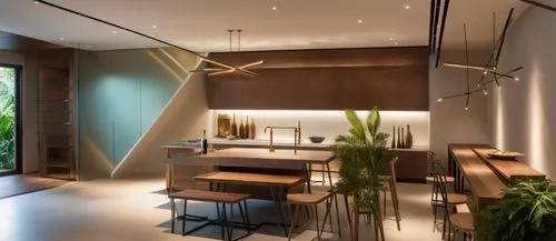 INTERIOR DE UN COMEDOR CON UNA ISLA CON ESTUFA TERMOMAGNETICA, CON UN GRAN VENTANAL A UN JARDIN EXUBERANTE, LUMINARIAS MODERNAS, PERSONAS,a very large modern style dining room with lots of lighting,mo