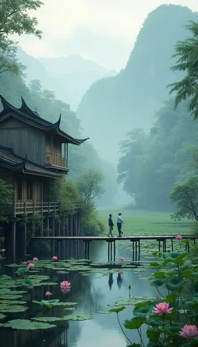 japan landscape,beautiful japan,shaoming,lotus pond,asian architecture,water lotus