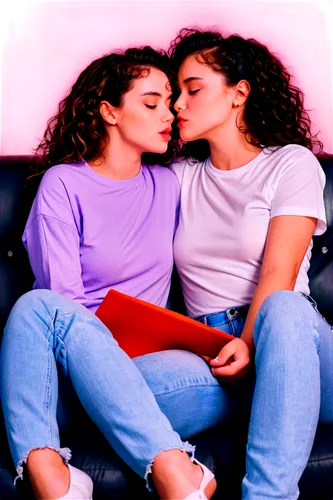 Two girls, lesbians, sensual, intimate, soft focus, gentle touch, romantic atmosphere, warm skin tones, subtle makeup, curly brown hair, loose white shirts, ripped jeans, bare feet, sitting on couch, 