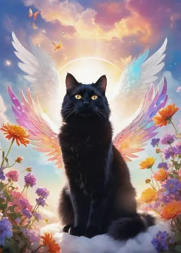 Heavenly scenery, fluffy black cat, angel wings, sparkles, gentle smile, shiny fur, cute nose, sitting on a white cloud, soft glowing halo, vibrant rainbow colors, flowers surrounding, delicate petals