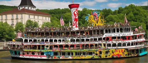 floating restaurant,riverboat,paddle steamer,danube cruise,paddlewheel,floating on the river,crane vessel (floating),houseboat,rhineland palatinate,stilt houses,passau,museum ship,king decebalus,tübingen,restaurant bern,york boat,picnic boat,two-handled sauceboat,pirate ship,passenger ship,Conceptual Art,Graffiti Art,Graffiti Art 10