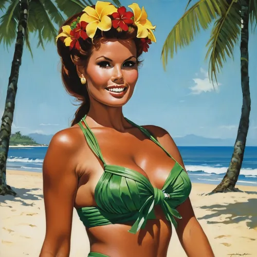 A young Raquel Welsh as a Hula Girl.,polynesian girl,hula,luau,polynesian,aloha,mai tai,tahiti,blue hawaii,tropic,hawaiian,coconuts on the beach,candy island girl,pin-up girl,vintage art,brazilianwoma